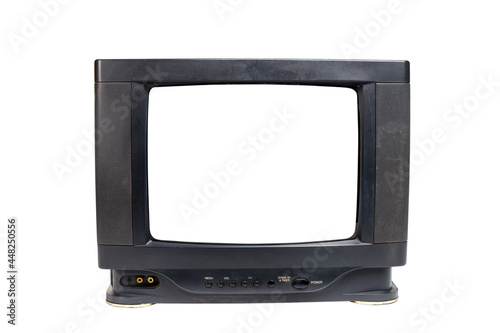 Black old tv receiver with cut out screen isolated over white background. clipping path