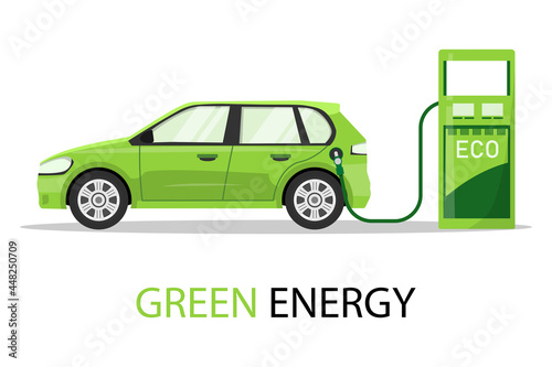 eco car concept on white background. save clean green energy. sustainable and environment concept. isolated on white background. vector illustration in flat style modern design.