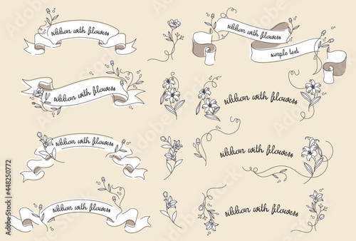 手描きの線画のリボンと花とフレーム枠のベクターイラスト素材セット