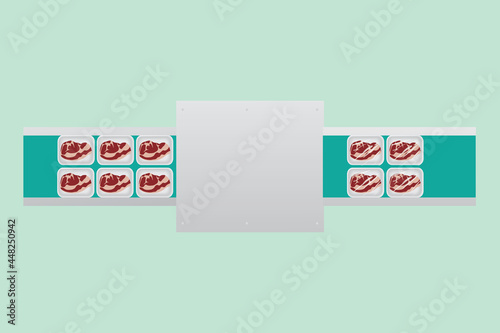 Production of packing meat in vacuum package. Raw beef steak wrapping on food sealing machine. Food industry processing.