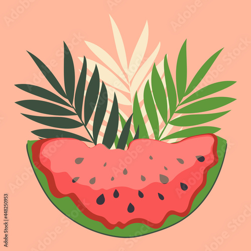 A piece of red watermelon with tropical palm leaves on a pink background. Summer print on T-shirts, decorative pillows, in interior design, food courts. Vector.