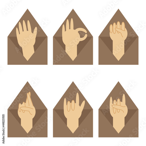 Message. An open letter from which various hand gestures are visible. Great, clenched fist, fingers crossed, okay, good luck, hello. Communication between people.
