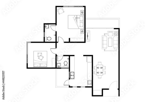 2D CAD house layout plan drawing with a double bedroom complete with bathrooms, balcony, furniture, kitchen and living room. Drawing produced in black and white. 