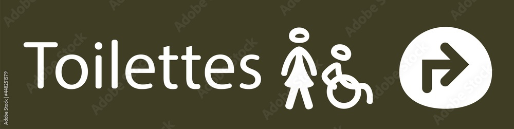 affiche pour indiquer ou sont les toilettes publiques en blanc représenté par une femme et une personne handicapée et une flèche pour indiquer la direction en blanc sur un fond gris vert affiche pour indiquer ou sont les toilettes publiques en blanc représenté par une femme et une personne handicapée et une flèche pour indiquer la direction en blanc sur un fond gris vert