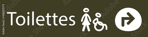 affiche pour indiquer ou sont les toilettes publiques en blanc représenté par une femme et une personne handicapée et une flèche pour indiquer la direction en blanc sur un fond gris vert