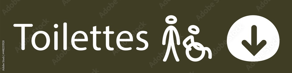 affiche pour indiquer ou sont les toilettes publiques en blanc représenté par un homme et une personne handicapée et une flèche pour indiquer la direction en blanc sur un fond gris vert