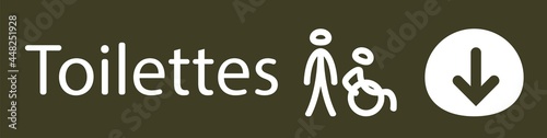 affiche pour indiquer ou sont les toilettes publiques en blanc représenté par un homme et une personne handicapée et une flèche pour indiquer la direction en blanc sur un fond gris vert
