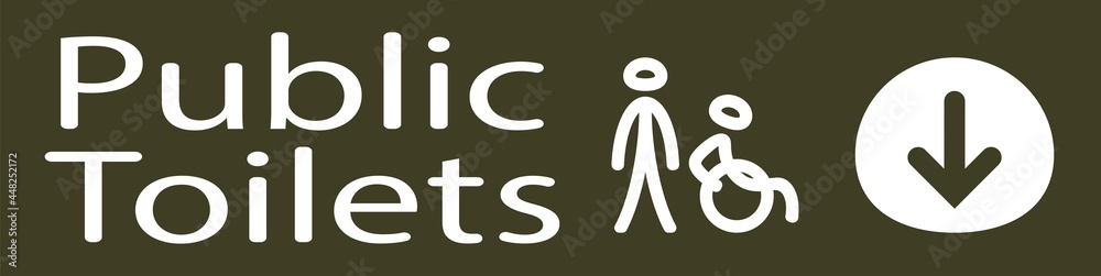 poster to indicate where the public toilets are in white represented by a man and a disabled person and an arrow to indicate the direction in white on a green gray background poster to indicate where the public toilets are in white represented by a man and a disabled person and an arrow to indicate the direction in white on a green gray background