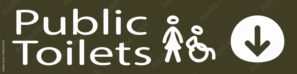 poster to indicate where the public toilets are in white represented by a woman and a disabled person and an arrow to indicate the direction in white on a green gray background poster to indicate where the public toilets are in white represented by a woman and a disabled person and an arrow to indicate the direction in white on a green gray background