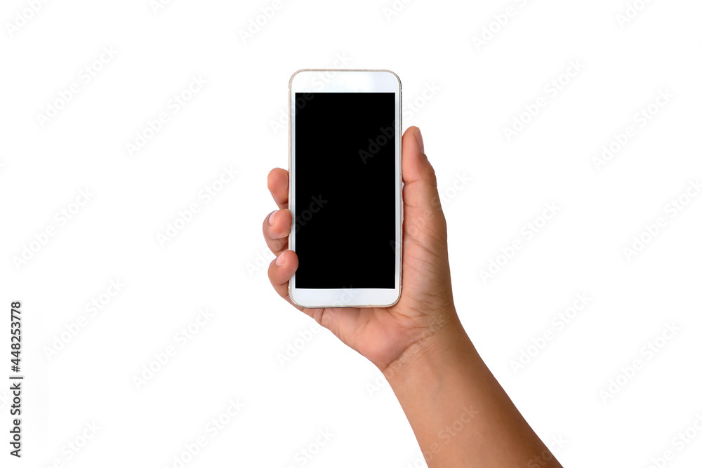 The hand is holding the white screen, the mobile phone is isolated on a white background The hand is holding the white screen, the mobile phone is isolated on a white background