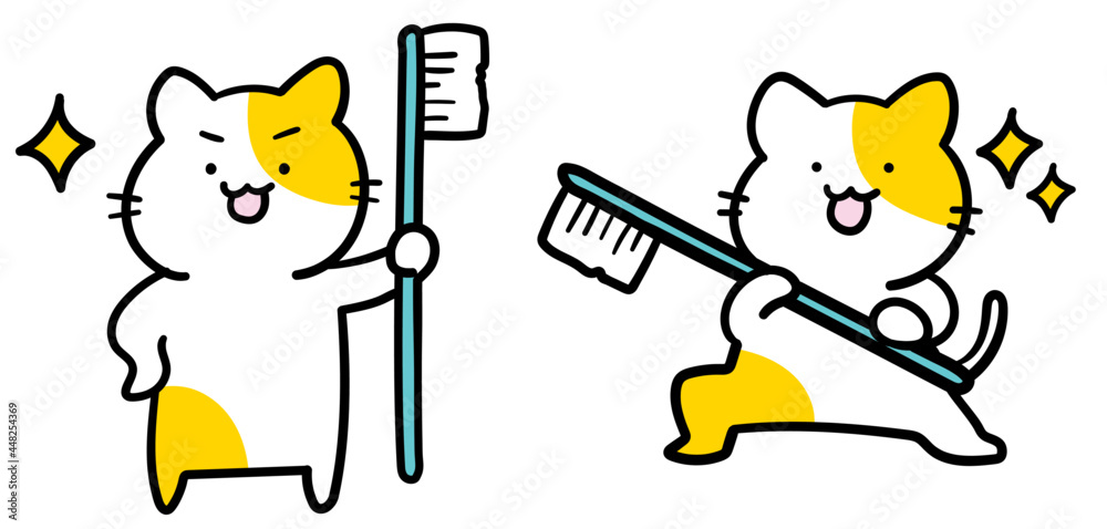 歯ブラシを持って歯磨きをするねこのイラストセット Stock Vektorgrafik Adobe Stock