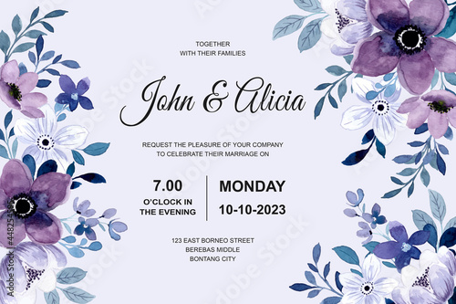Wedding invitation card with purple floral watercolor