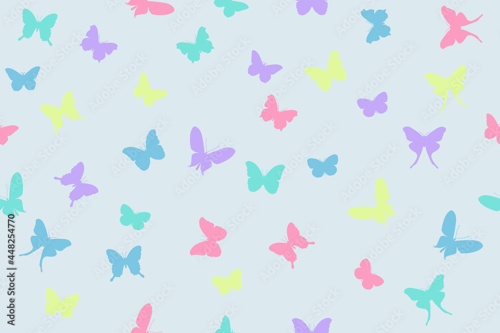 multicolored silhouettes of butterflies on a light background, seamless vector pattern
