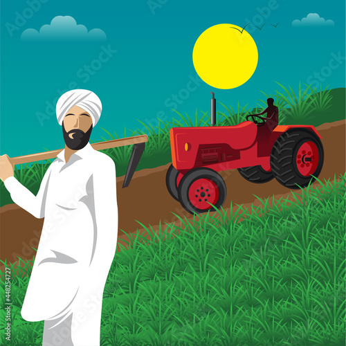 Illustration of Indian agriculture and happy farmer