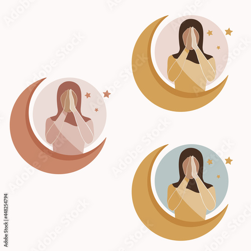 Muslim woman praying in hijab. Moon and stars. Flat concept vector illustration.