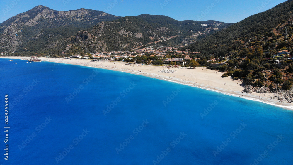 Aerial. View from the sea to Oludeniz and Hisaronu (Turkey). View above from drone.
