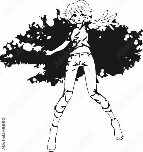 Vector black and white illustration of an anime girl in graphics. Girl raised her hand vector.  Abstract cartoon background anime girl with short hair in t-shirt and jeans