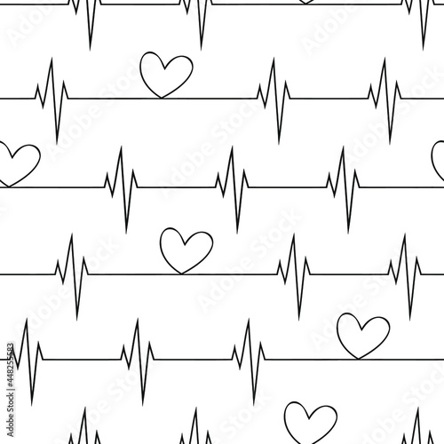 Seamless vector pattern with rhythm heart. Abstract love symbol. Cardiogram background with heart. Vector illustration pulse line heart ECG