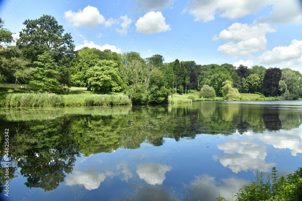 Contraste entre les zones d'ombre et sous les éclaircies au grand étang entouré de végétation luxuriante au parc de Woluwe à Woluwe-St-Pierre Contraste entre les zones d'ombre et sous les éclaircies au grand étang entouré de végétation luxuriante au parc de Woluwe à Woluwe-St-Pierre