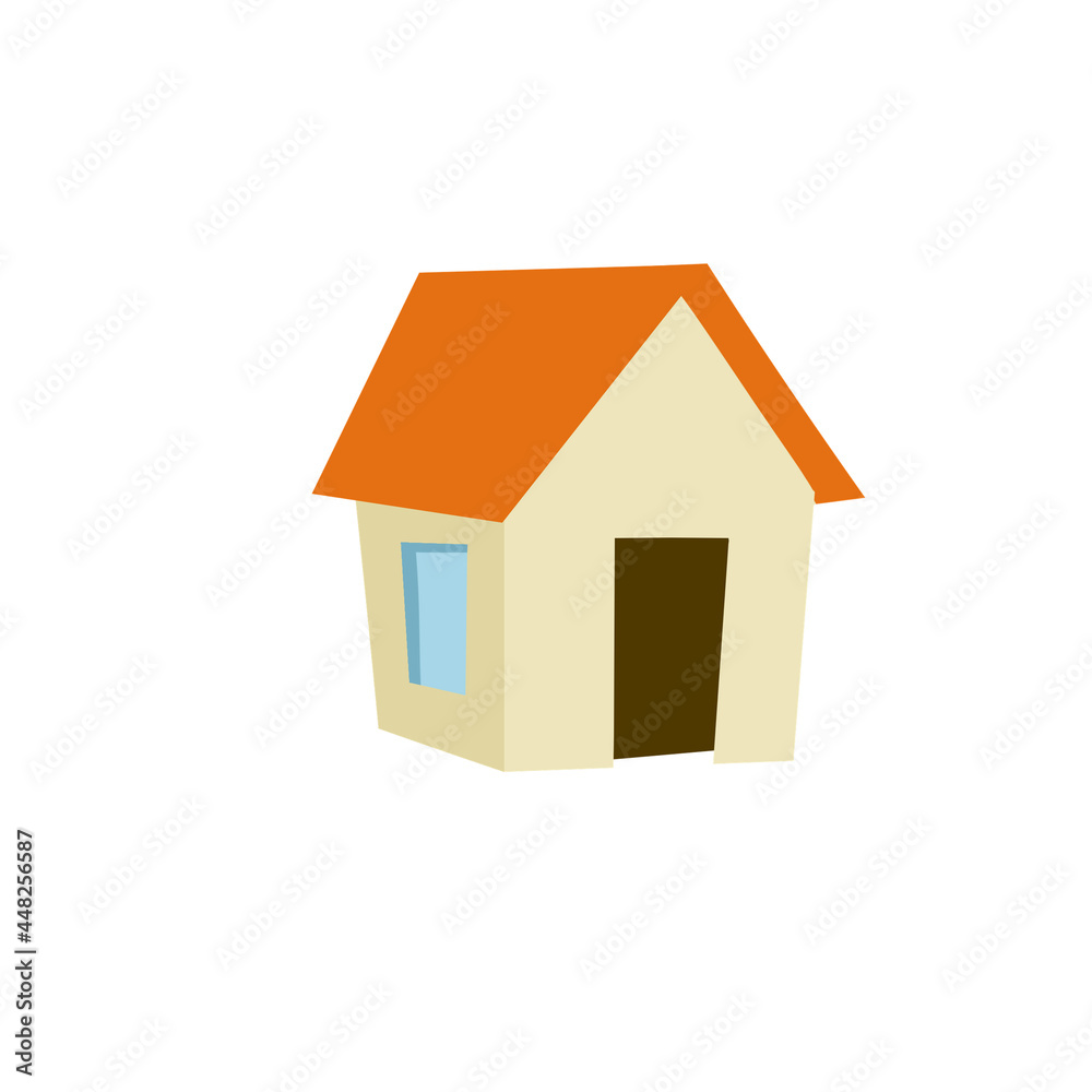 Village house. Rural white building with red roof. Children drawing. Cozy home. Flat cartoon illustration isolated on white Village house. Rural white building with red roof. Children drawing. Cozy home. Flat cartoon illustration isolated on white