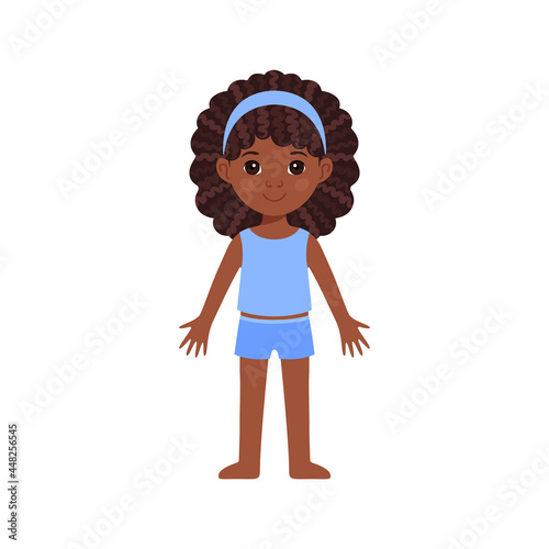 Cute Little Girl with Afro Curls Hairstyle. Front view. A Black Child in Pajamas is Standing. A Kid with Dark Skin and Blue Clothes. Flat Cartoon style. White background. Vector stock illustration.
