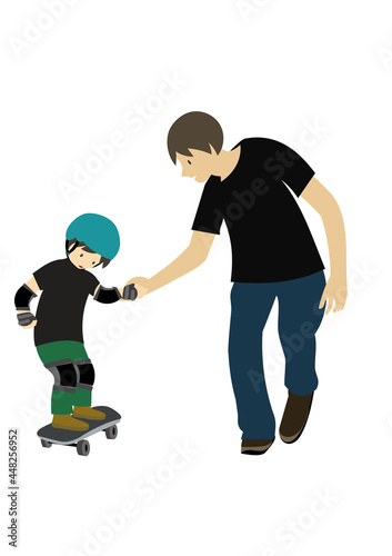 ヘルメットやプロテクターを着けてスケートボードの練習をする子供と、手を繋いで一緒にサポートする男性のイラスト 夏バージョン