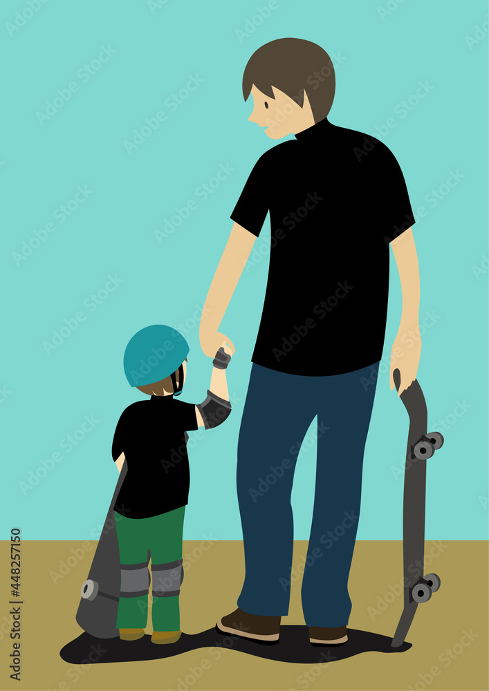 ヘルメットとサポーターを着けてスケートボードを抱える子供と 手を繋いで練習に向かう もしくは帰る 途中で話をしている男性の後ろ姿の手描きイラスト 夏バージョン Stock Vector Adobe Stock