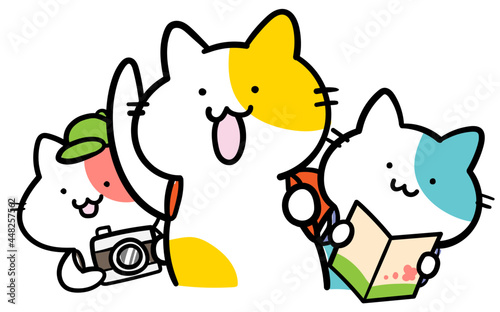 みんなで旅行に出かけるねこたちのイラスト