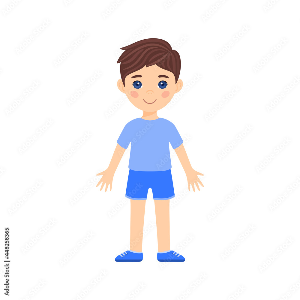 Cute Brunette cartoon boy is standing in clothes and shoes. Caucasian child with blue eyes and smiles. Happy isolated little schoolboy. Flat color style. White background. Vector illustration. Cute Brunette cartoon boy is standing in clothes and shoes. Caucasian child with blue eyes and smiles. Happy isolated little schoolboy. Flat color style. White background. Vector illustration.
