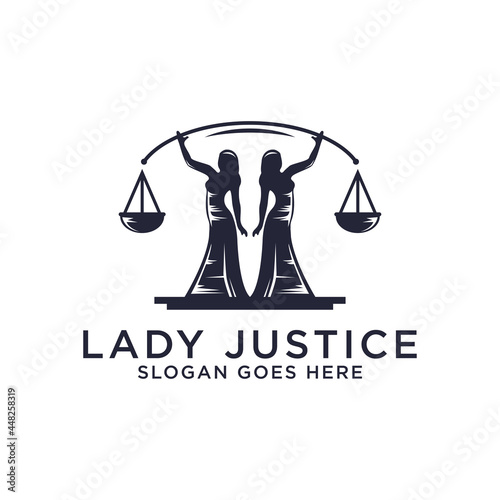 Two Ladies standing holding the scales vector illustrations,vintage Law firm logo design inspiration