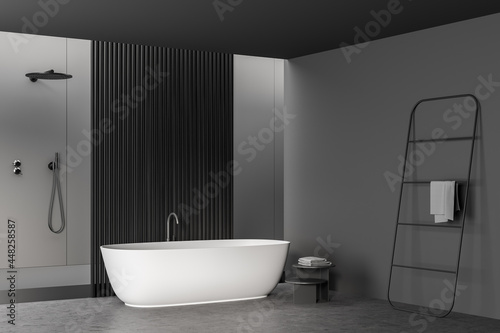 Corner of dark grey bathroom space with partition  tub and shower