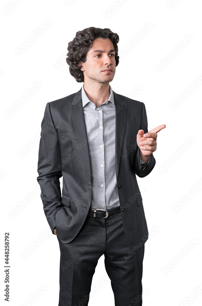 Confident Hispanic businessman in suit pointing out his finger and pondering about business growth in sales of the company. Isolated over white background Confident Hispanic businessman in suit pointing out his finger and pondering about business growth in sales of the company. Isolated over white background