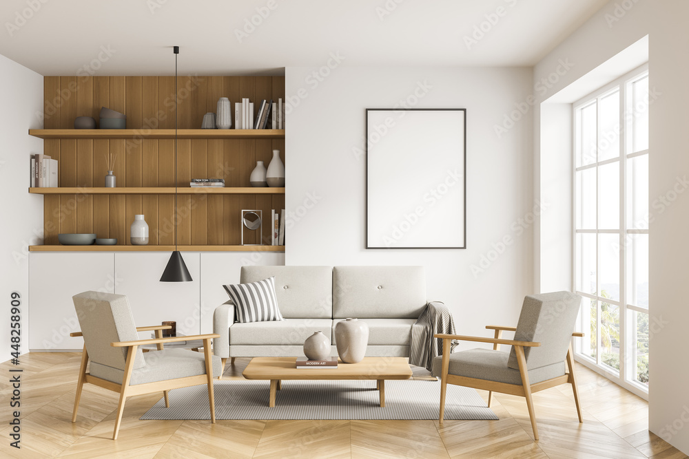 Banner in the living room with beige sofa and half wooden cabinet Banner in the living room with beige sofa and half wooden cabinet