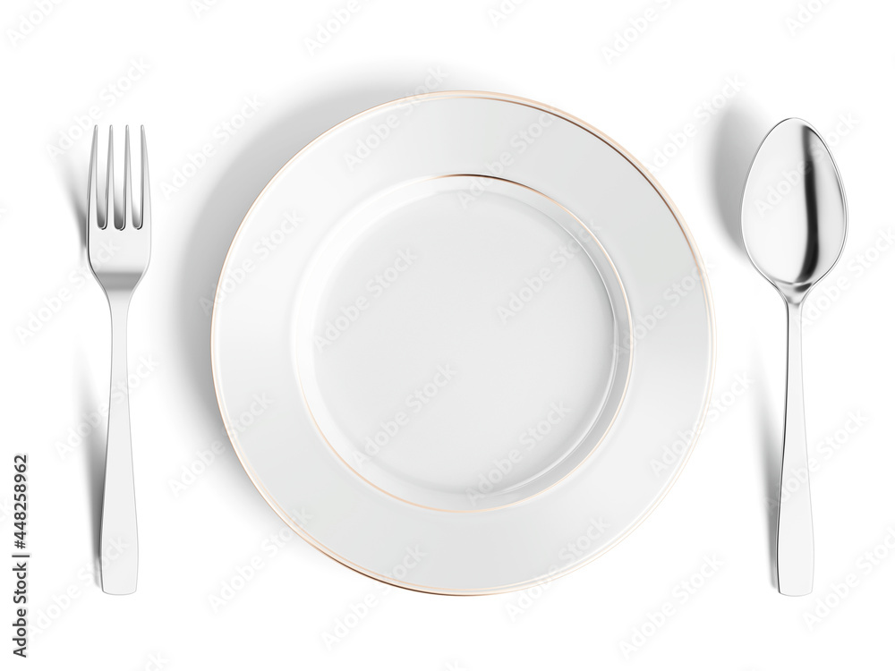 Top view of table setting on white background. Plate, fork and spoon. 3d rendering Top view of table setting on white background. Plate, fork and spoon. 3d rendering