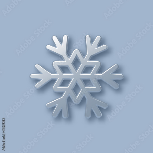 3d glossy blue snowflake. Christmas decorative design element. Decoration for New Year holidays. Vector illustration, blue background.