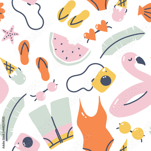 Summer vacation seamless pattern. Repeat design for textile with swim suit, flamingo ring, glasses and flip-flops. Vector cartoon illustration