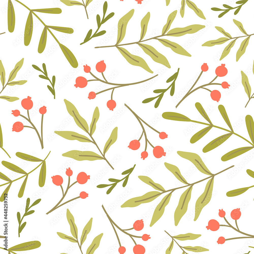Seamless pattern with greenery and red berries. Simple repeat design with foliage. Vector illustration Seamless pattern with greenery and red berries. Simple repeat design with foliage. Vector illustration