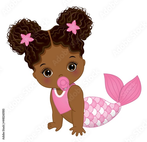 Cute African American Baby Mermaid with Pacifier. Vector Baby Mermaid