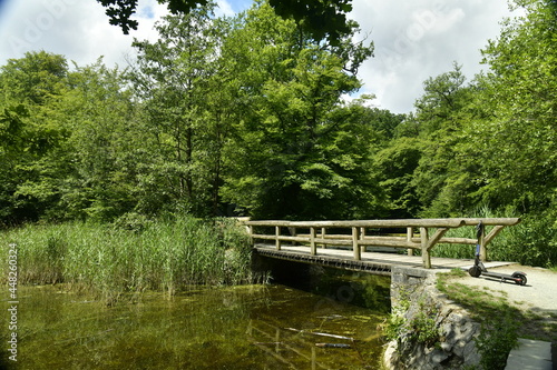Petit pont en bois reliant l'une des iles aux Etangs des Enfants Noyés à Watermael-Boitsfort 