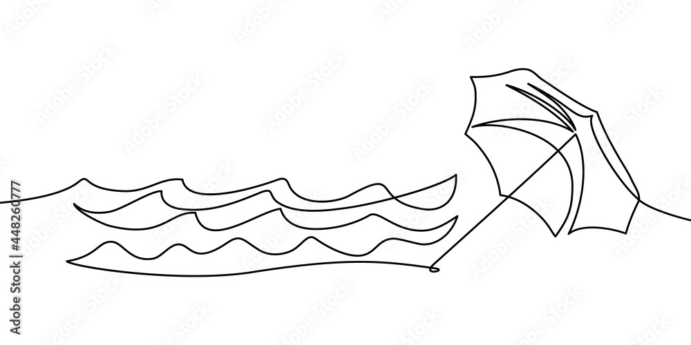 Sun umbrella on the beach in continuous line art drawing style. Happy