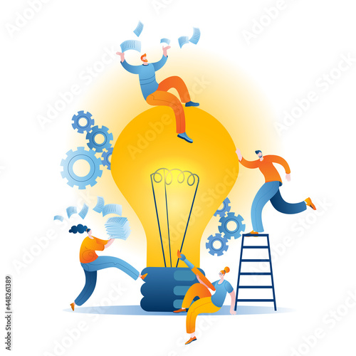 Several men and women in casual clothes are fussing around the switched-on light bulb. The concept of a vector illustration on the topic of big ideas and teamwork.