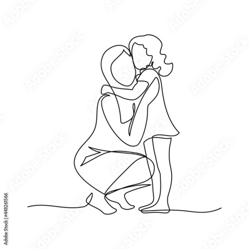 Happy mom with her female child in continuous line art drawing style. Mother and daughter hugging. Minimalist black linear sketch isolated on white background. Vector illustration