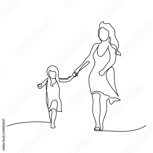 Happy mom with her female child in continuous line art drawing style. Mother and daughter walking together. Minimalist black linear sketch isolated on white background. Vector illustration