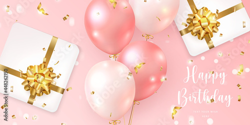 3D realistic elegant girlish pink ballon and present gift box with golden flower ribbon Happy Birthday celebration card banner template