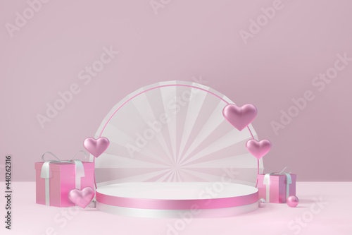 Cosmetic display product stand, Pink white cylinder block podium with heart and gift box on pink background. 3D rendering illustration. © Thannaree