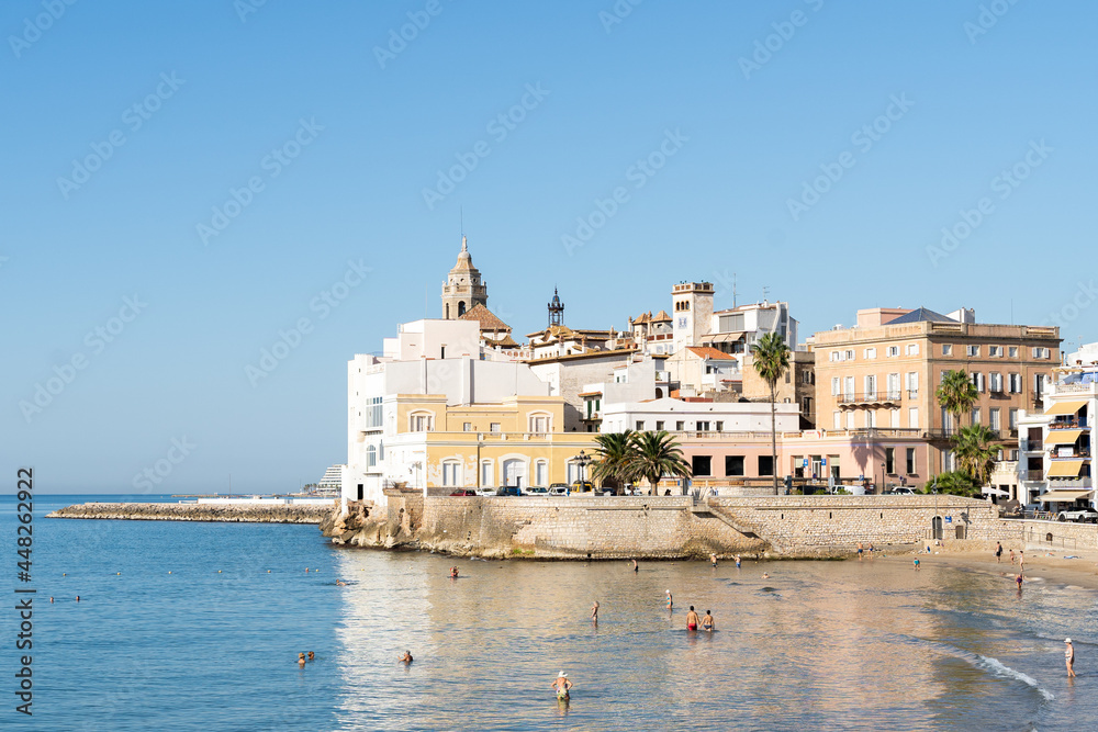 View of the arquitecture and beach of Sitges, in Catalonia, Spain