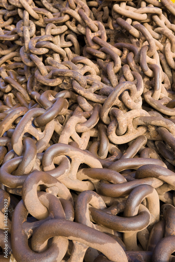 A pile of nautical chain on the dockside in Aberdeen Harbour, Aberdeenshire A pile of nautical chain on the dockside in Aberdeen Harbour, Aberdeenshire