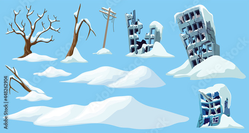Set of ice age. Cartoon game objects mountains of snow and buildings. Frozen city, destroyed towns after storm. Aftermath of natural disaster. Vector illustration.