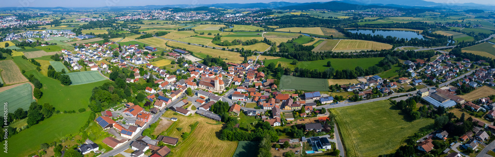 Aerial view of the village Chammünster in Germany, Bavaria on a sunny day in Spring