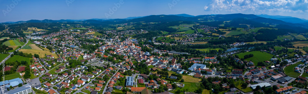 Aerial view around the city Viechtach in Germany., Bavaria on a sunny afternoon in spring.
